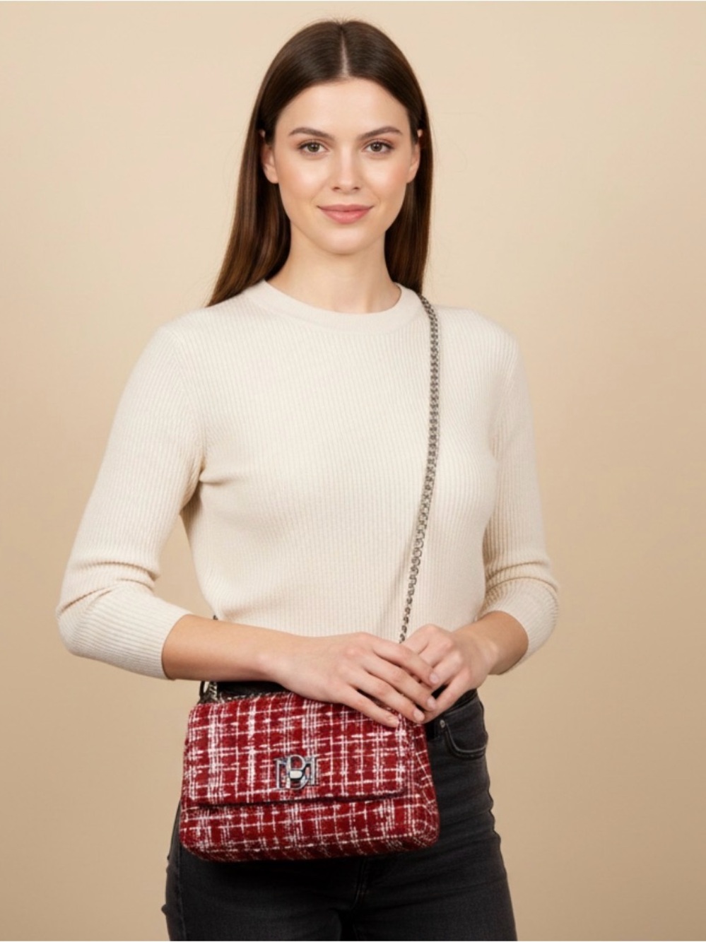 Badgley Mischka Vegan Leather Red Tweed Crossbody Bag with Silver Chain Strap